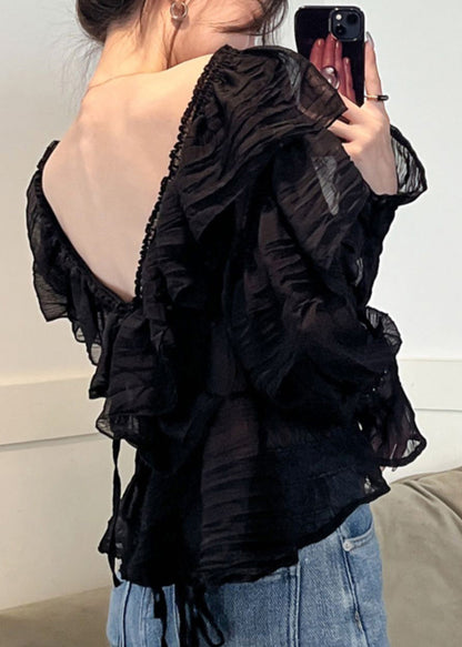 Sexy Black V Neck Ruffled Chiffon Shirts Long Sleeve LY0790