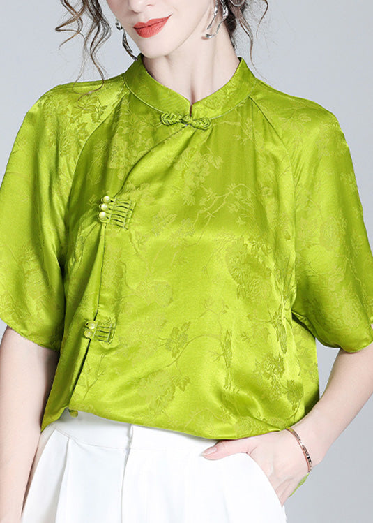 Sexy Grass Green Stand Collar Button Silk Top Short Sleeve LY0137