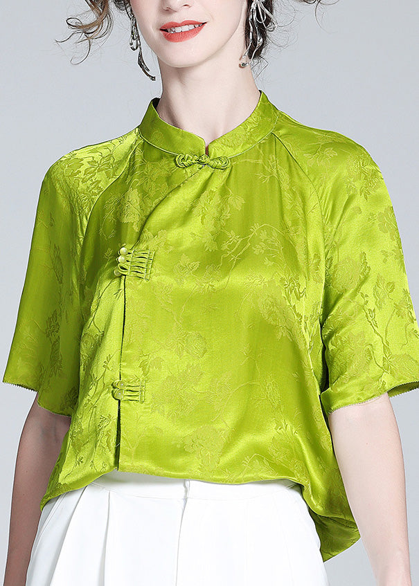 Sexy Grass Green Stand Collar Button Silk Top Short Sleeve LY0137