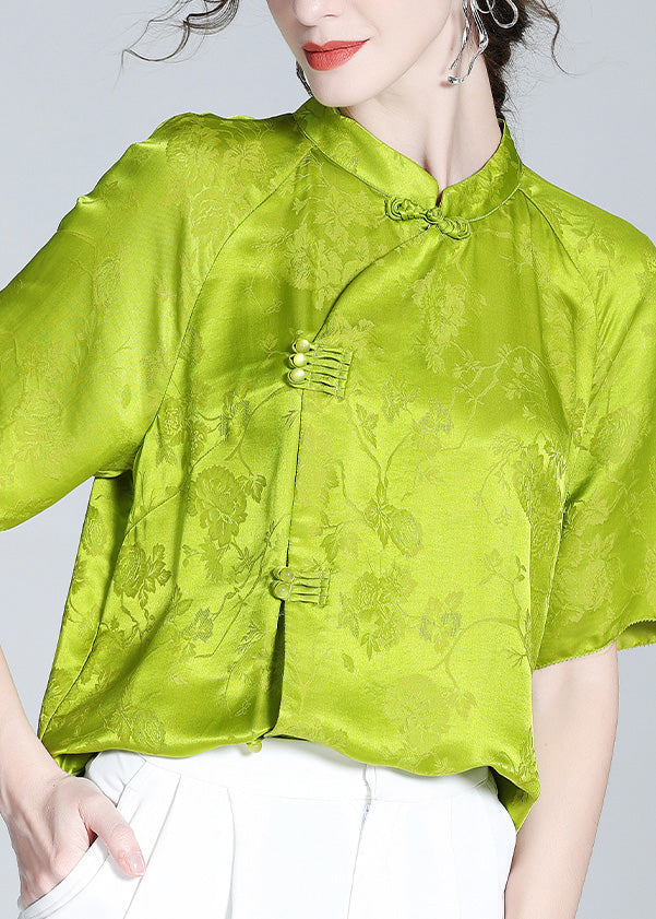 Sexy Grass Green Stand Collar Button Silk Top Short Sleeve LY0137