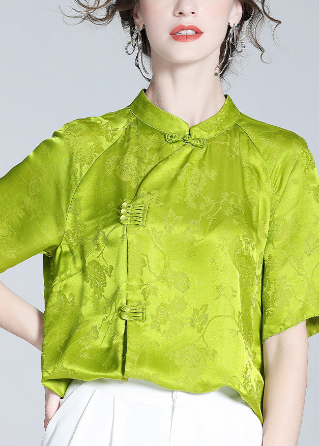 Sexy Grass Green Stand Collar Button Silk Top Short Sleeve LY0137