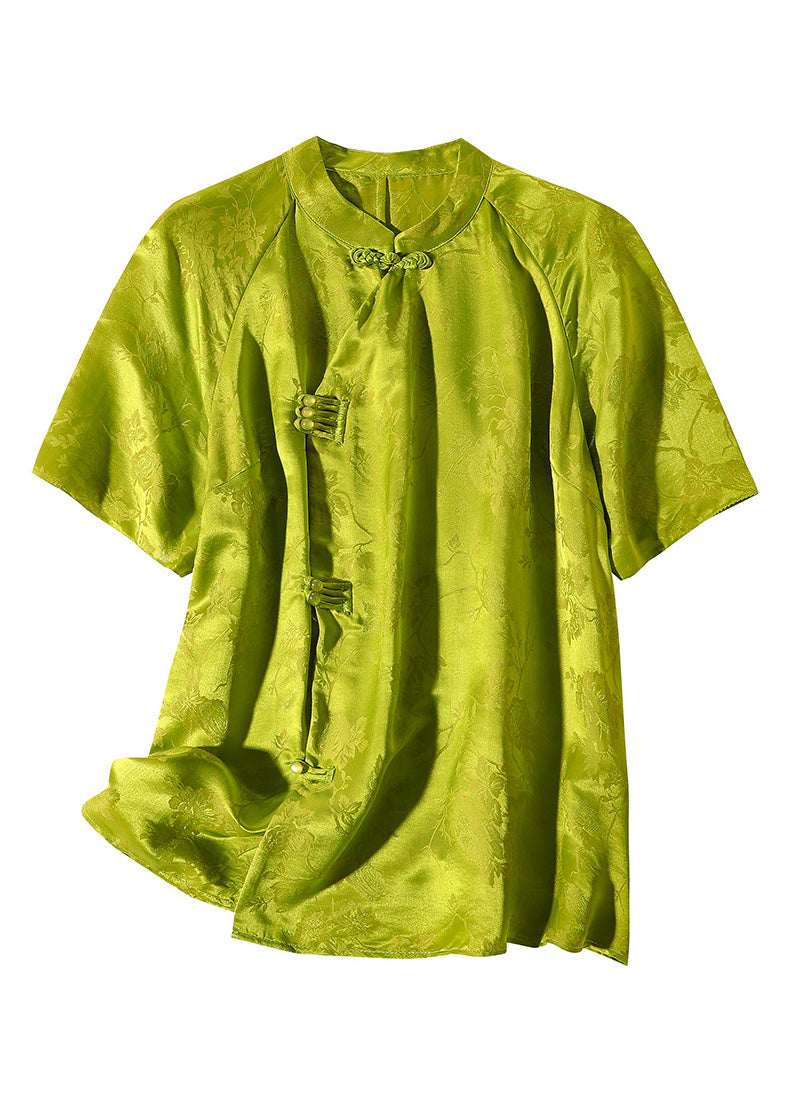 Sexy Grass Green Stand Collar Button Silk Top Short Sleeve LY0137