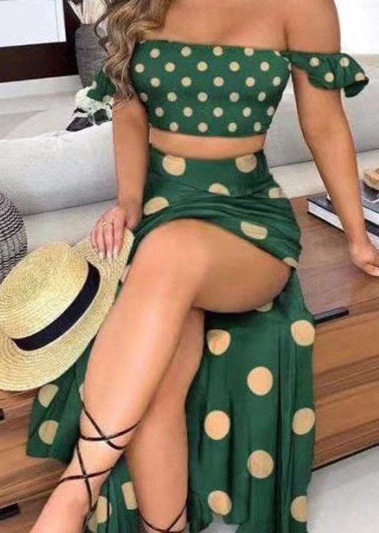 Sexy Green Off The Shoulder Dot Print Cotton Two Piece Set Summer LY1927