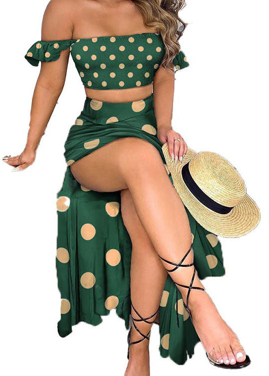 Sexy Green Off The Shoulder Dot Print Cotton Two Piece Set Summer LY1927