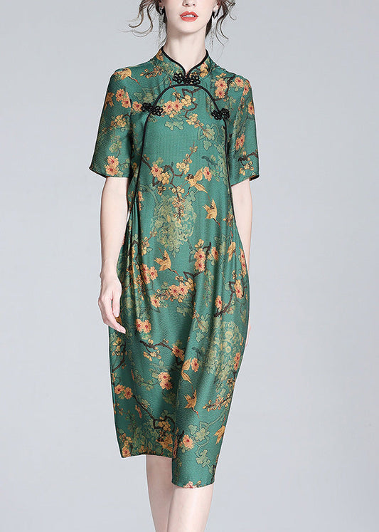 Sexy Green Stand Collar Print Button Silk Maxi Dress Short Sleeve LY1033