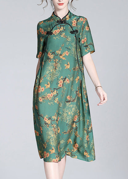 Sexy Green Stand Collar Print Button Silk Maxi Dress Short Sleeve LY1033