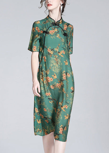 Sexy Green Stand Collar Print Button Silk Maxi Dress Short Sleeve LY1033