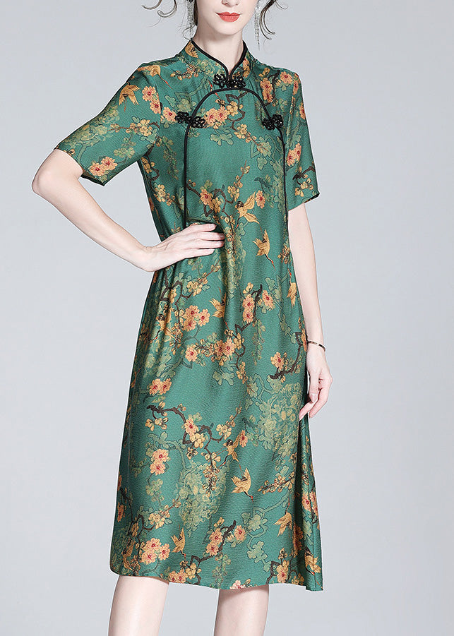 Sexy Green Stand Collar Print Button Silk Maxi Dress Short Sleeve LY1033