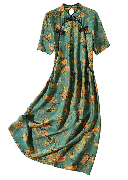 Sexy Green Stand Collar Print Button Silk Maxi Dress Short Sleeve LY1033