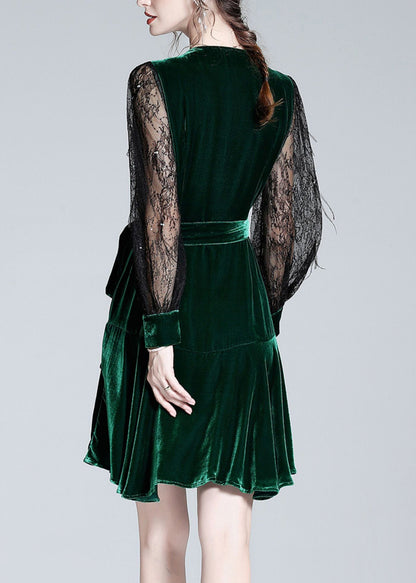 Sexy Green V Neck Tulle Patchwork Tie Waist Silk Velour Holiday Mid Dress AC3017