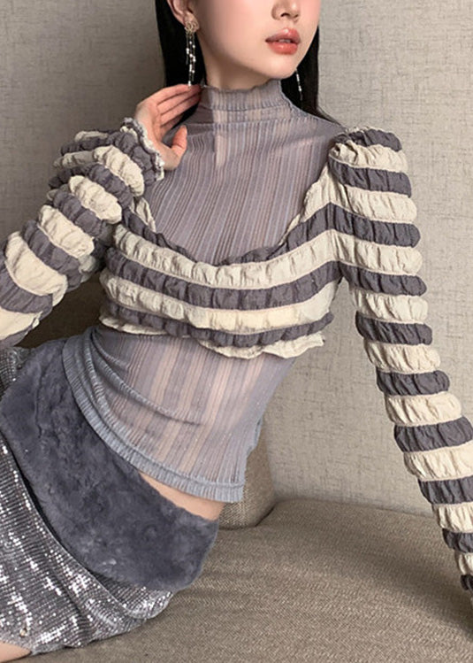 Sexy Grey Turtleneck Patchwork Tulle T Shirts Long Sleeve LY0802