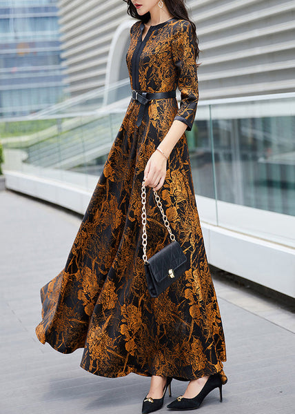 Sexy Orange Print Sashes Long Traveling Dress Spring LY1705