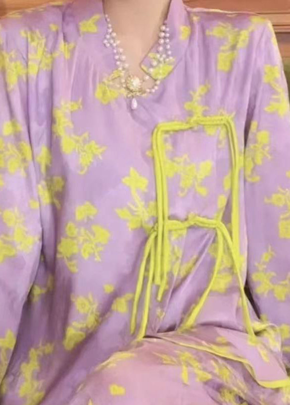 Sexy Purple O-Neck Print Button Ice Silk Pajamas Two Piece Set Spring LY1910