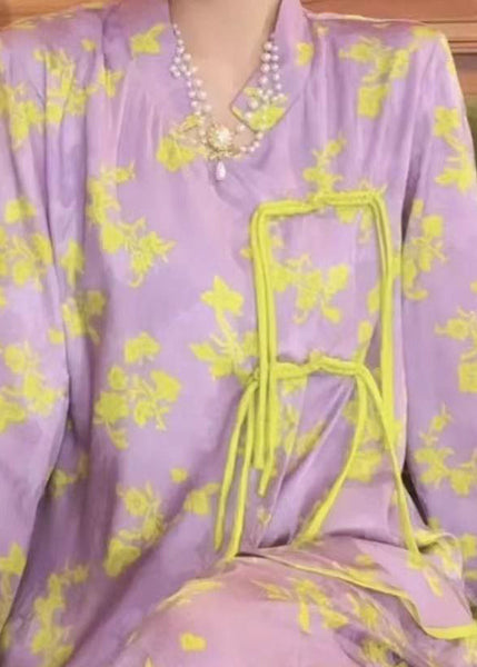 Sexy Purple O-Neck Print Button Ice Silk Pajamas Two Piece Set Spring LY1910
