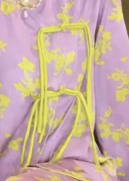 Sexy Purple O-Neck Print Button Ice Silk Pajamas Two Piece Set Spring LY1910