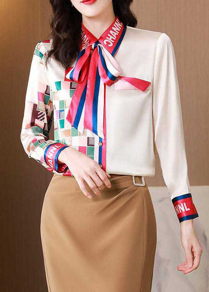 Simple Apricot Bow Print Patchwork Silk Blouse Top Spring LY0380