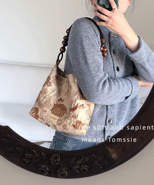 Simple Apricot Jacquard Original Design Canvas Satchel Handbag LY1757