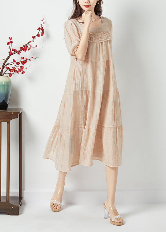 Simple Beige O-Neck Patchwork Wrinkled Linen Silk Long Dress Summer LC0425