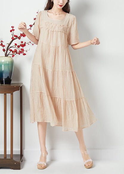 Simple Beige O-Neck Patchwork Wrinkled Linen Silk Long Dress Summer LC0425