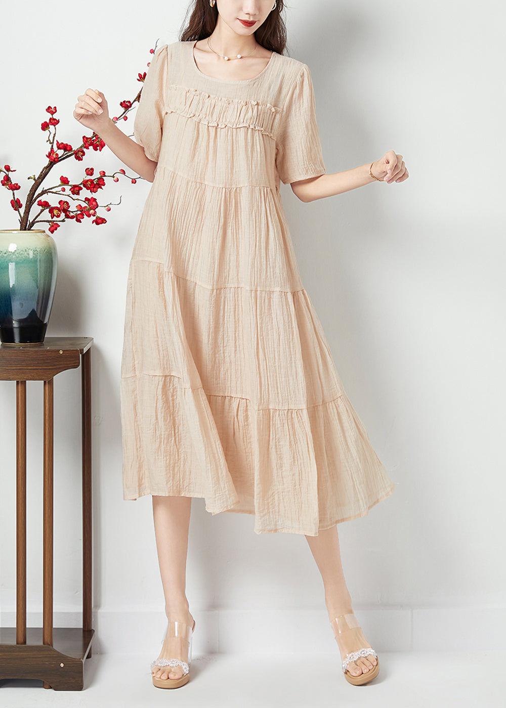 Simple Beige O-Neck Patchwork Wrinkled Linen Silk Long Dress Summer LY1081