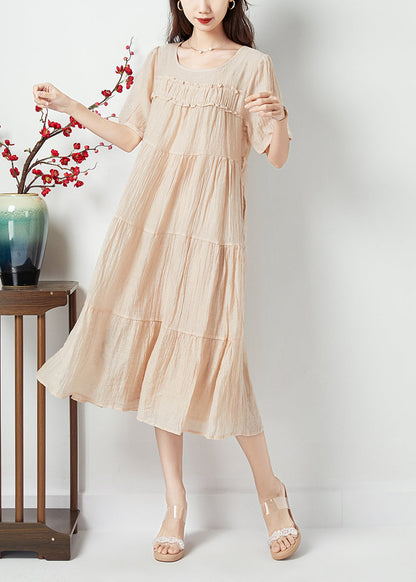 Simple Beige O-Neck Patchwork Wrinkled Linen Silk Long Dress Summer LY1081