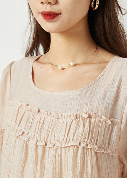 Simple Beige O-Neck Patchwork Wrinkled Linen Silk Long Dress Summer LY1081