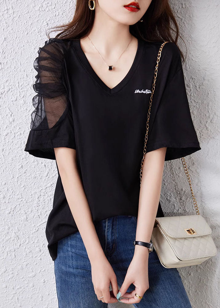 Simple Black V Neck Tulle Patchwork Cotton T Shirt Top Summer TQ1043