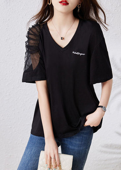 Simple Black V Neck Tulle Patchwork Cotton T Shirt Top Summer TQ1043