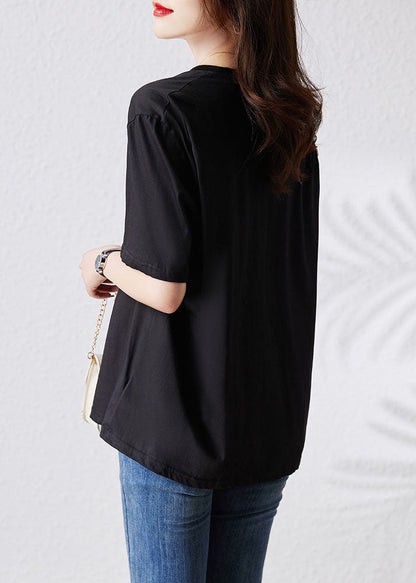 Simple Black V Neck Tulle Patchwork Cotton T Shirt Top Summer TQ1043