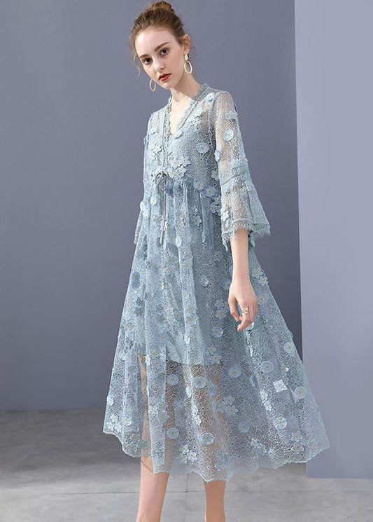 Simple Blue Embroideried Floral Hollow Out Lace Dress Flare Sleeve LC0256