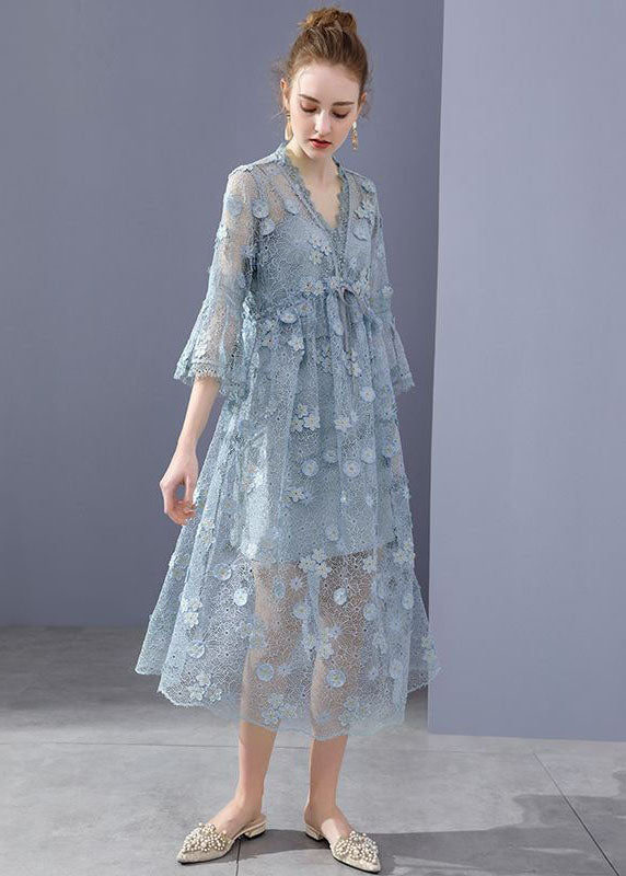 Simple Blue Embroideried Floral Hollow Out Lace Dress Flare Sleeve LC0256