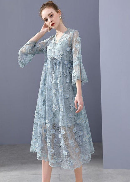 Simple Blue Embroideried Floral Hollow Out Lace Dress Flare Sleeve LC0256