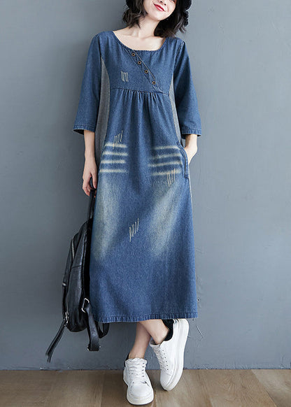 Simple Blue O-Neck Patchwork Wrinkled Denim Long Dress Spring LY0660