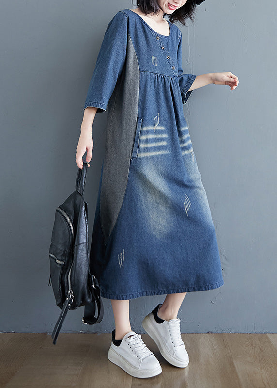 Simple Blue O-Neck Patchwork Wrinkled Denim Long Dress Spring LY0660