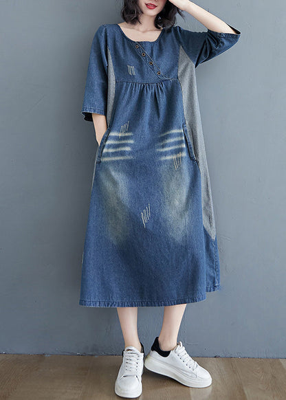 Simple Blue O-Neck Patchwork Wrinkled Denim Long Dress Spring AC2084