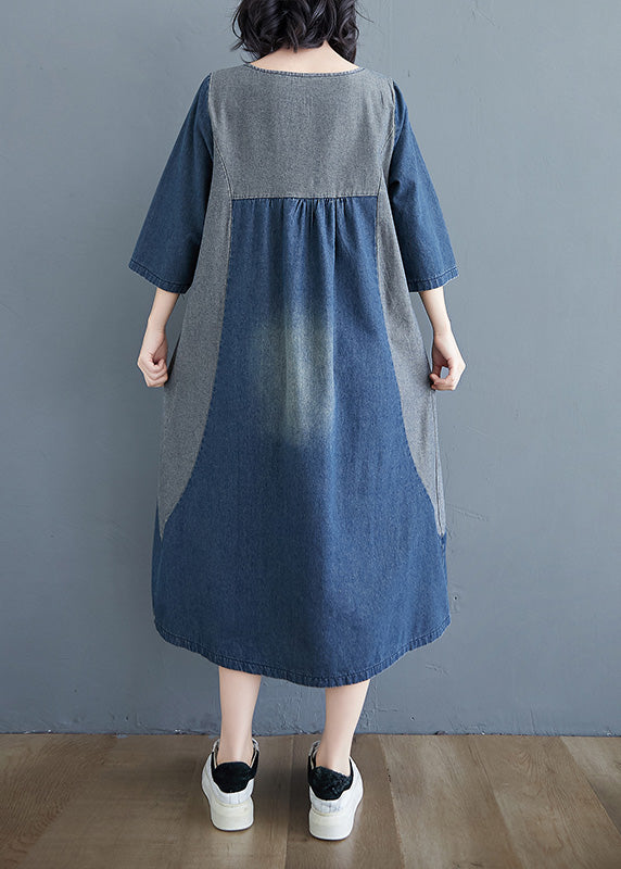 Simple Blue O-Neck Patchwork Wrinkled Denim Long Dress Spring LY0660