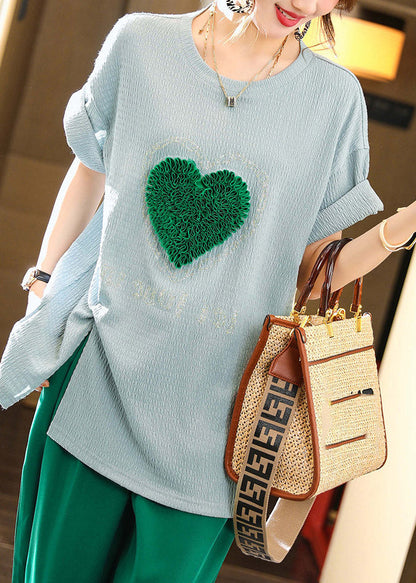 Simple Blue O-Neck loving Heart T Shirts Summer LY1523