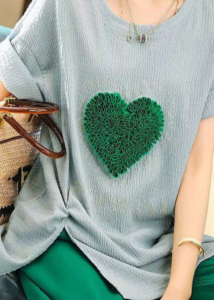 T-shirts bleus simples à col rond avec motif cœur, été LY1523