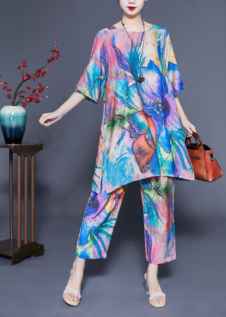 Simple Blue Oversized Tie Dye Side Open Linen Two Pieces Set Summer LY1134