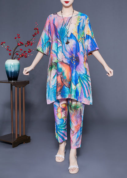 Simple Blue Oversized Tie Dye Side Open Linen Two Pieces Set Summer LC0404