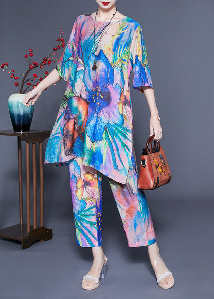 Simple Blue Oversized Tie Dye Side Open Linen Two Pieces Set Summer LC0404