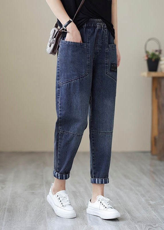 Simple Blue Patchwork Elastic Waist Crop Beam Jeans TY1046