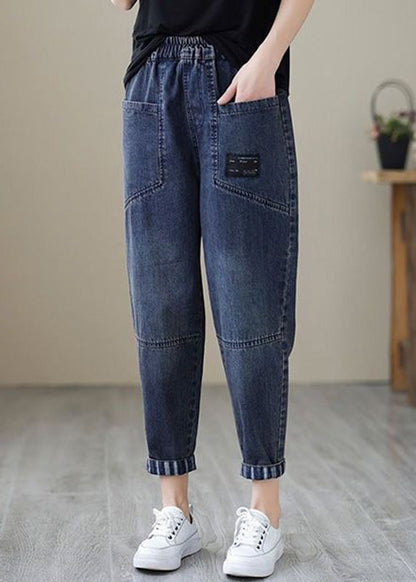 Simple Blue Patchwork Elastic Waist Crop Beam Jeans TY1046