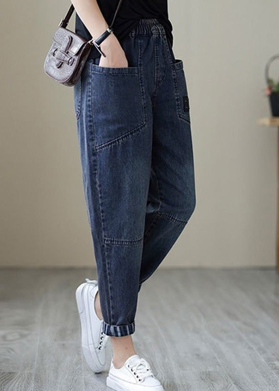 Simple Blue Patchwork Elastic Waist Crop Beam Jeans TY1046