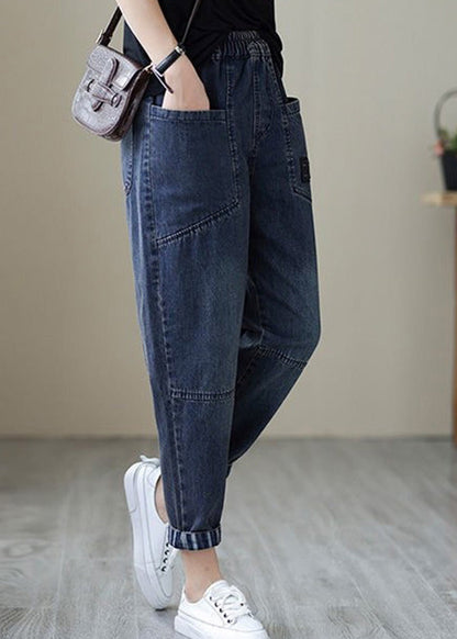 Simple Blue Patchwork Elastic Waist Crop Beam Jeans TY1046