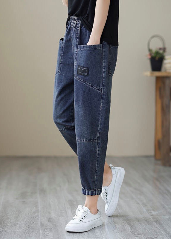 Simple Blue Patchwork Elastic Waist Crop Beam Jeans TY1046