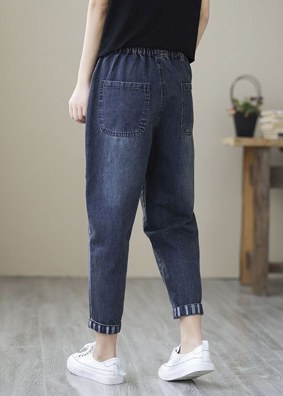 Simple Blue Patchwork Elastic Waist Crop Beam Jeans TY1046