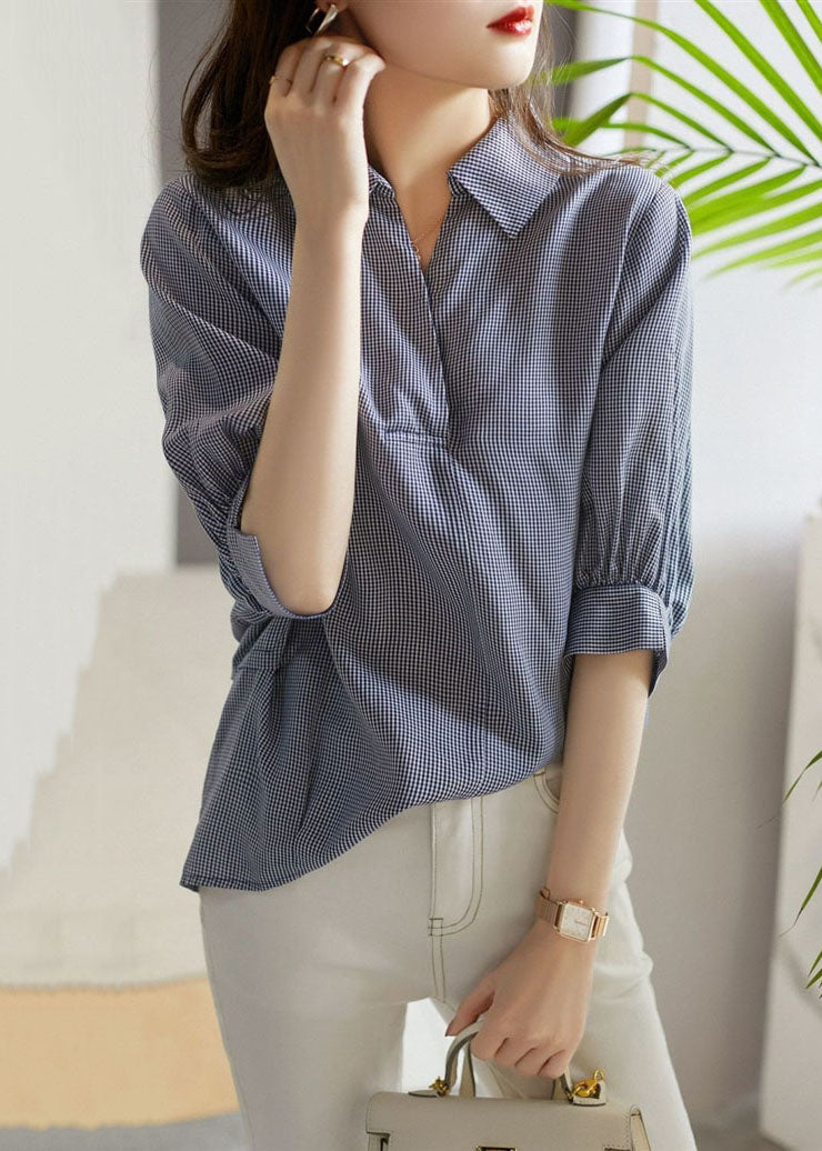 Simple Blue Plaid Peter Pan Collar Button Patchwork Cotton Shirts Bracelet Sleeve TQ1049