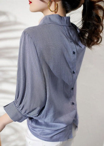 Simple Blue Plaid Peter Pan Collar Button Patchwork Cotton Shirts Bracelet Sleeve TQ1049