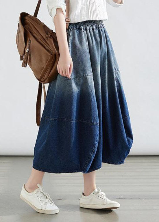 Simple Blue Wrinkled Pockets Gradient Color Denim Skirts Summer LY0583